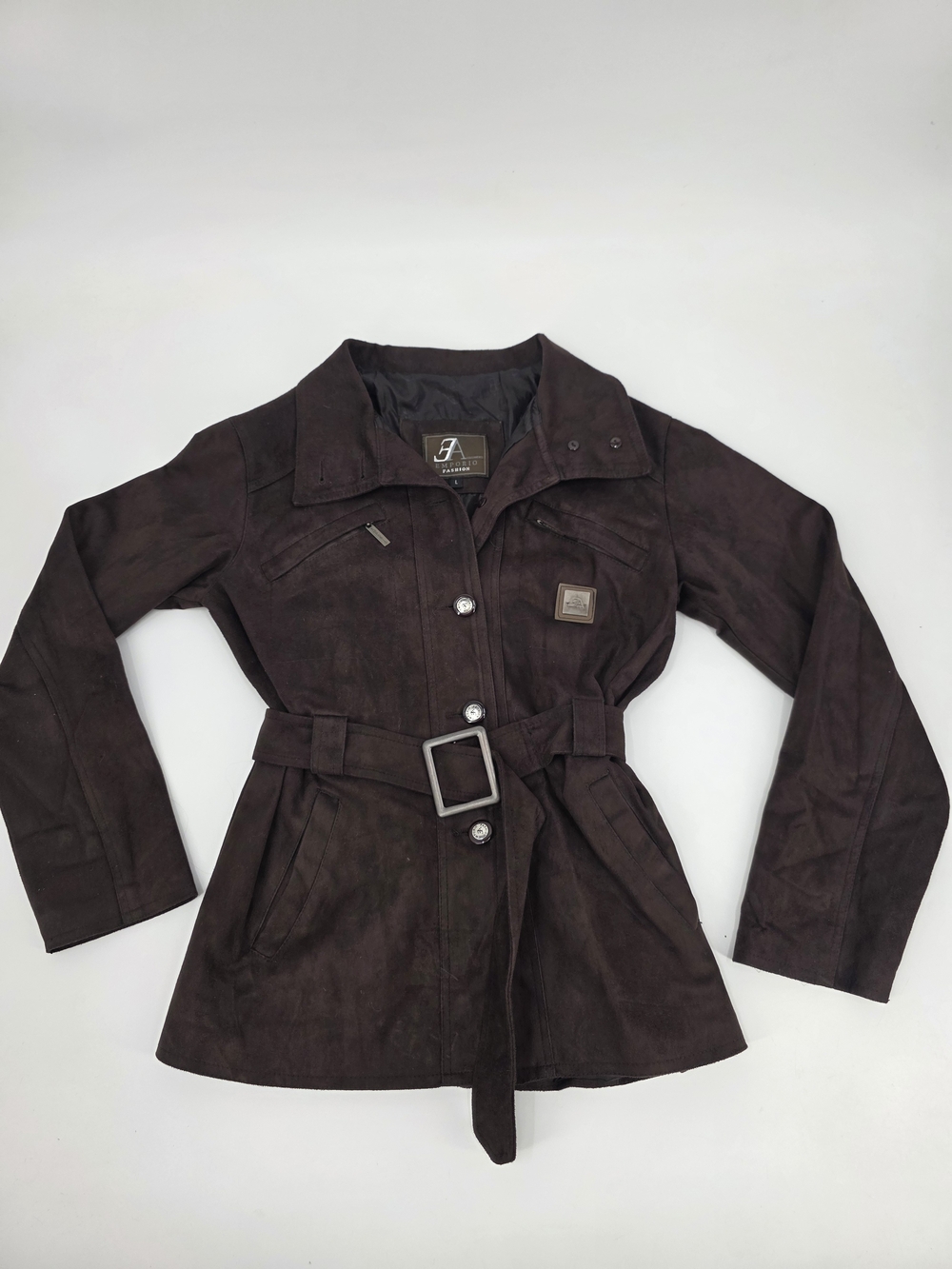 Emporio Fashion Women's Belted Dark Brown Faux Suede Jacket Size L